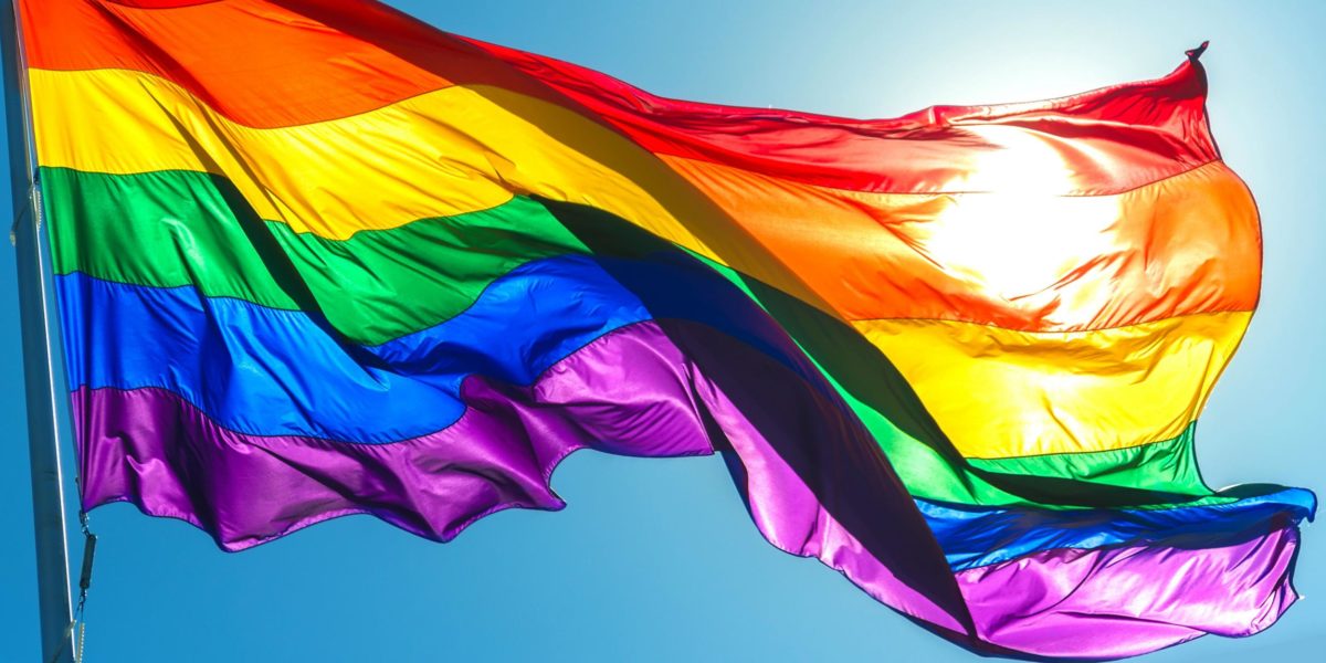 image of the lgbt rainbow flag waving from a pole