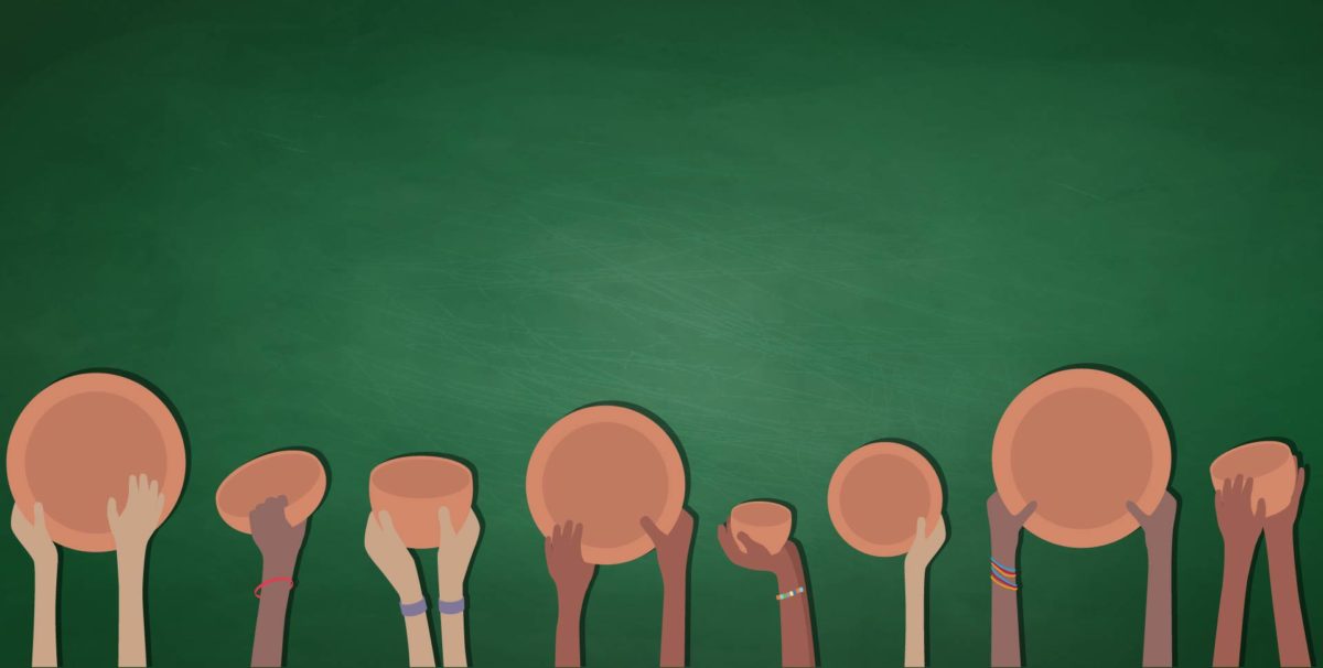 green background with hands holding up dishes
