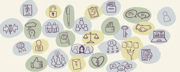 yellow, green and blue icons with illustrations of psychology ethics