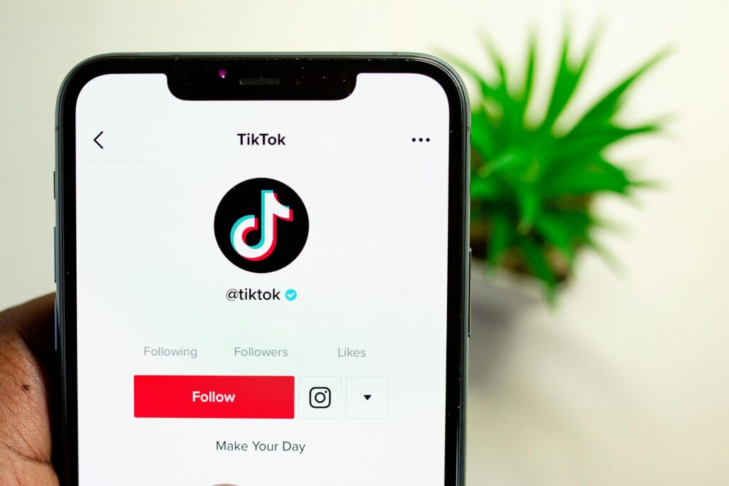 Close-up of a hand holding a phone showing a TikTok profile page.